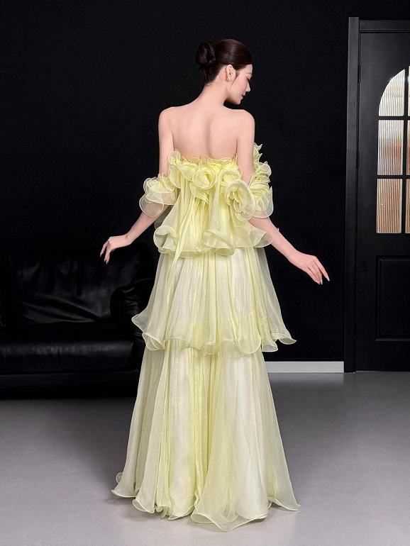 Sweet 16 Dress Pale Yellow Off Shoulder Ruffle Organza Tiered Flowy Maxi Gown