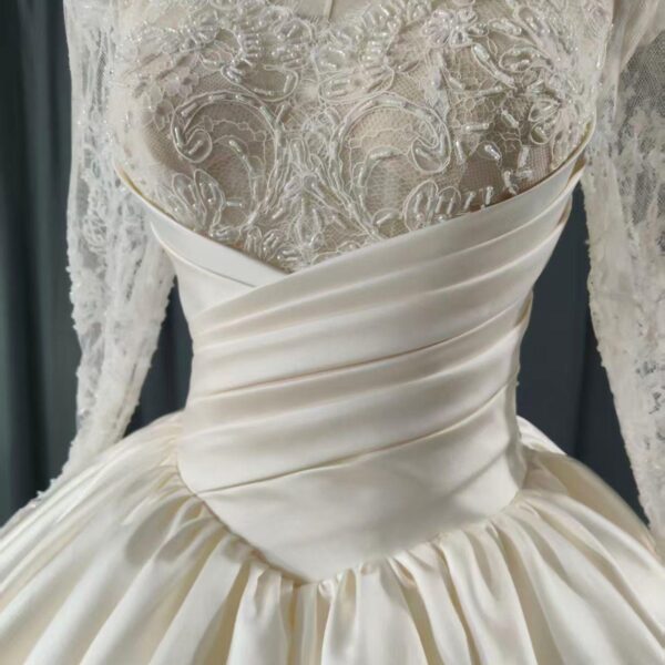 Deep V Long Sleeve Lace Corset Glossy Satin Ball Gown Wedding Dress Minimalist Ivory Bridal Gown With Chapel Train