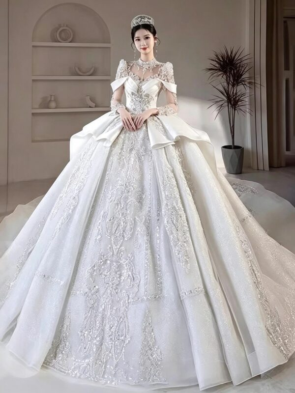 Glam Royal High Neck Off Shoulder Rhinestone Glitter Tulle Wedding Ball Gown