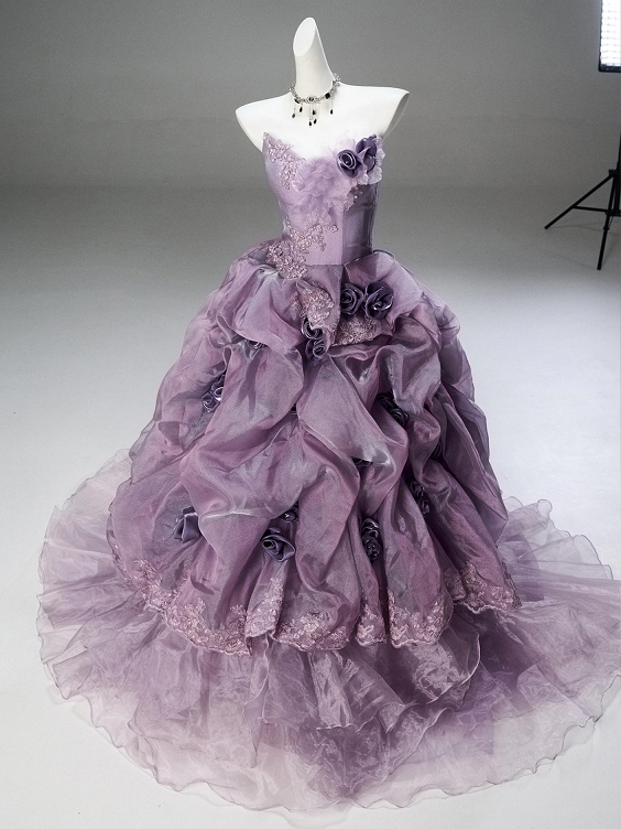 Sweet 16 Dress Dusty Purple Strapless Beaded Lace 3D Rose Ruffled Organza Ball Gown