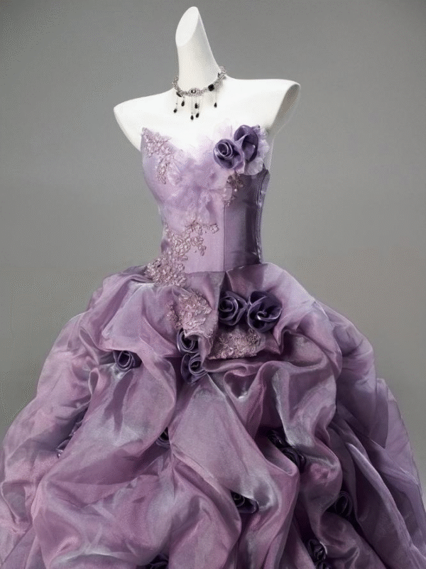 Sweet 16 Dress Dusty Purple Strapless Beaded Lace 3D Rose Ruffled Organza Ball Gown