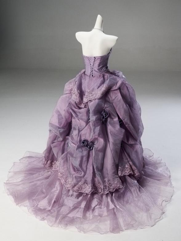 Sweet 16 Dress Dusty Purple Strapless Beaded Lace 3D Rose Ruffled Organza Ball Gown