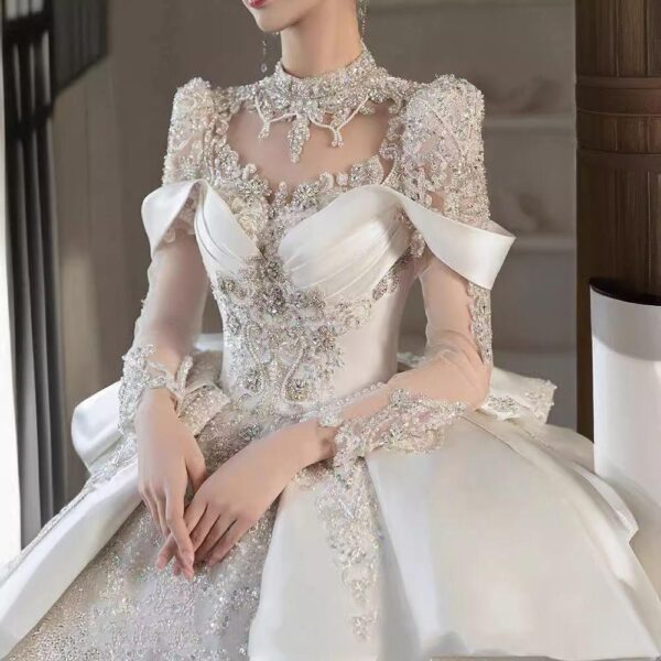 Glam Royal High Neck Off Shoulder Rhinestone Glitter Tulle Wedding Ball Gown