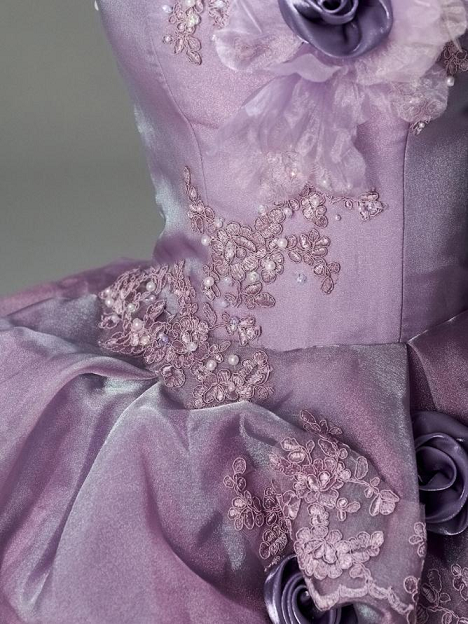 Sweet 16 Dress Dusty Purple Strapless Beaded Lace 3D Rose Ruffled Organza Ball Gown