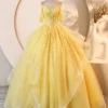 Sweet 16 Dress Bright Yellow Off Shoulder Short Sleeve Lace Beaded Ruffle Glitter Tulle Ball Gown