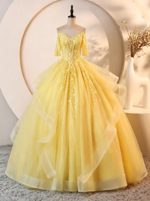 Sweet 16 Dress Bright Yellow Off Shoulder Short Sleeve Lace Beaded Ruffle Glitter Tulle Ball Gown
