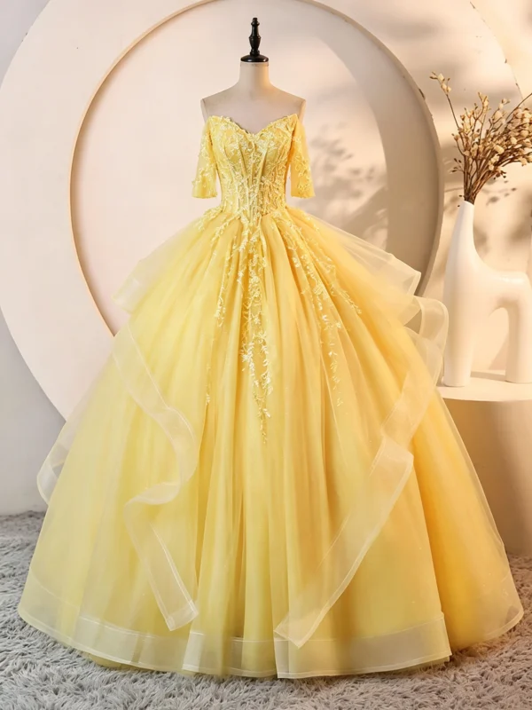 Sweet 16 Dress Bright Yellow Off Shoulder Short Sleeve Lace Beaded Ruffle Glitter Tulle Ball Gown