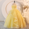 Sweet 16 Dress Bright Yellow Off Shoulder Short Sleeve Lace Beaded Ruffle Glitter Tulle Ball Gown