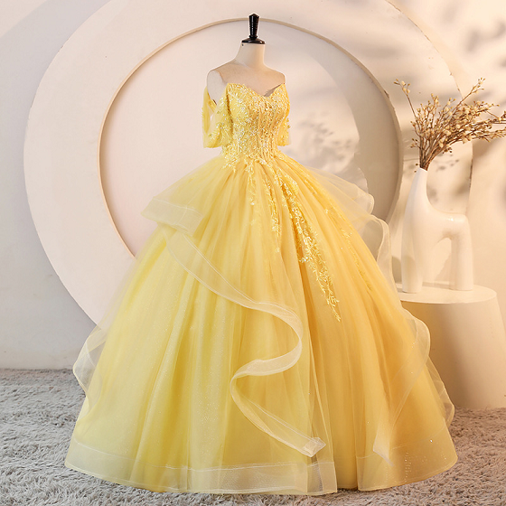 Sweet 16 Dress Bright Yellow Off Shoulder Short Sleeve Lace Beaded Ruffle Glitter Tulle Ball Gown