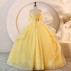 Sweet 16 Dress Bright Yellow Off Shoulder Short Sleeve Lace Beaded Ruffle Glitter Tulle Ball Gown