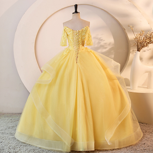 Sweet 16 Dress Bright Yellow Off Shoulder Short Sleeve Lace Beaded Ruffle Glitter Tulle Ball Gown