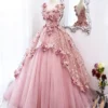 Sweet 16 Dress Dusty Pink Sleeveless 3D Floral Lace Glitter Tulle Ball Gown With Train