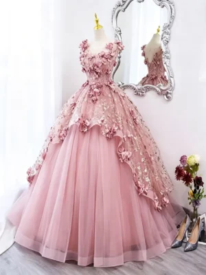 Sweet 16 Dress Dusty Pink Sleeveless 3D Floral Lace Glitter Tulle Ball Gown With Train