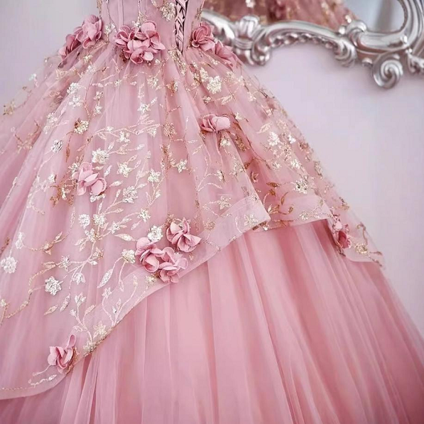 Sweet 16 Dress Dusty Pink Sleeveless 3D Floral Lace Glitter Tulle Ball Gown With Train