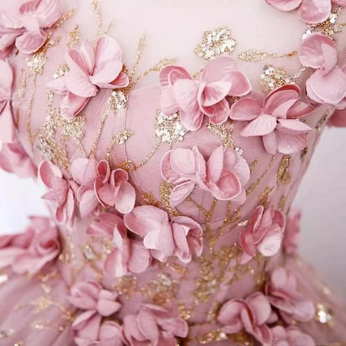 Sweet 16 Dress Dusty Pink Sleeveless 3D Floral Lace Glitter Tulle Ball Gown With Train