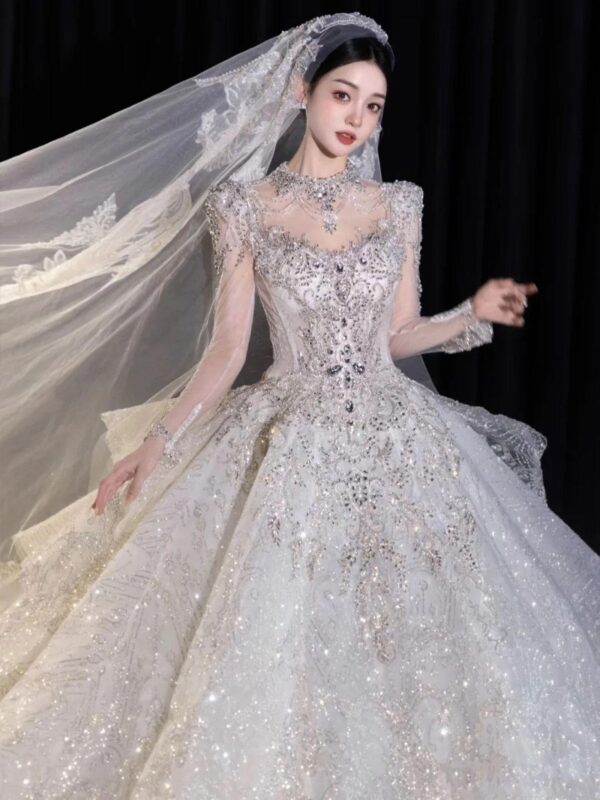 Luxury Long Sleeve Rhinestone Sparkly Ball Gown Wedding Dress For Bride