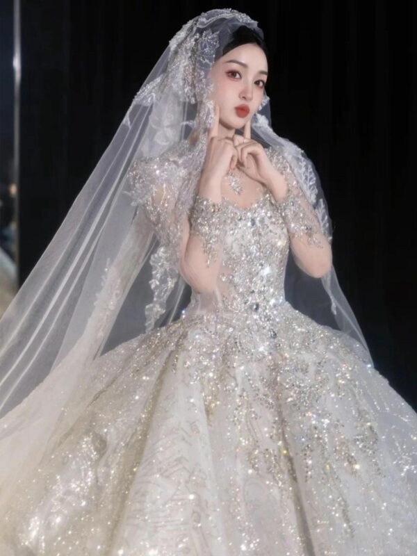Luxury Long Sleeve Rhinestone Sparkly Ball Gown Wedding Dress For Bride