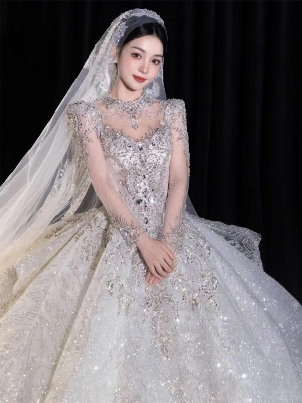 Luxury Long Sleeve Rhinestone Sparkly Ball Gown Wedding Dress For Bride