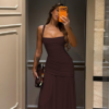 Pale Yellow Square Strap Ruched Waist Flowy Maxi Evening Dress