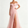 Off Shoulder Pleated Tulle High Slit Formal Maxi Dress