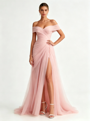 Off Shoulder Pleated Tulle High Slit Formal Maxi Dress