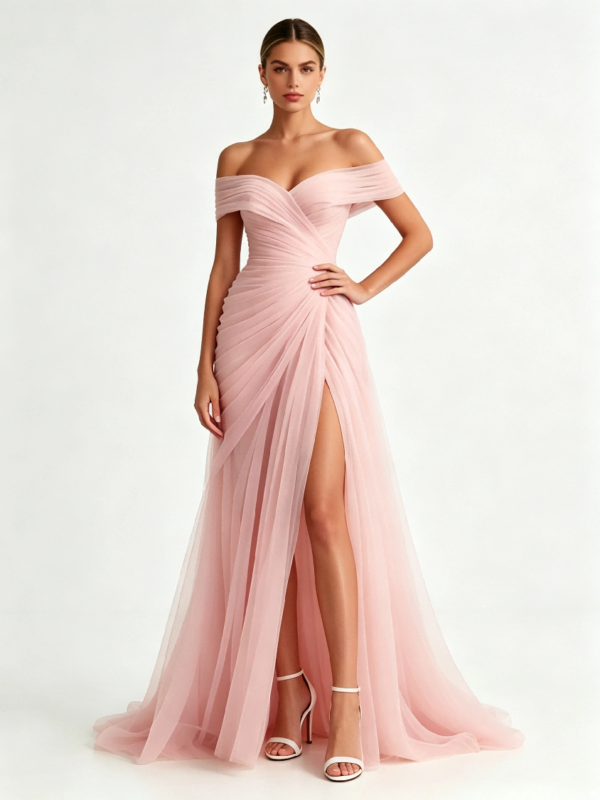 Off Shoulder Pleated Tulle High Slit Formal Maxi Dress