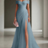 Off Shoulder Pleated Tulle High Slit Formal Maxi Dress
