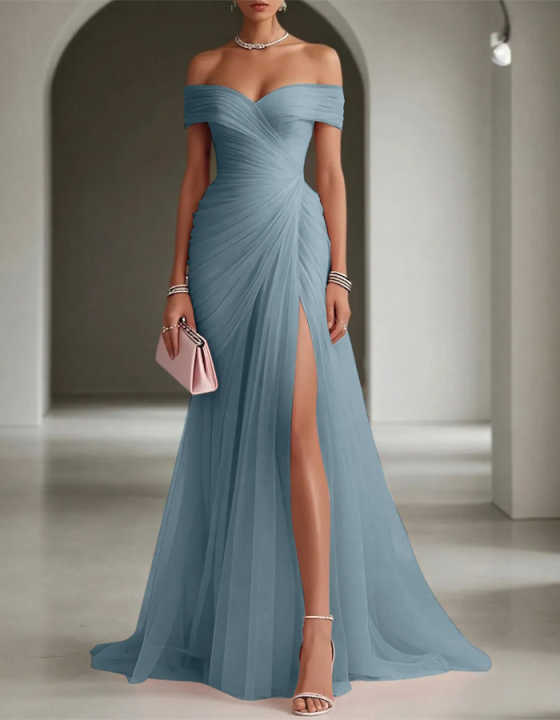Off Shoulder Pleated Tulle High Slit Formal Maxi Dress