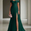Off Shoulder Pleated Tulle High Slit Formal Maxi Dress