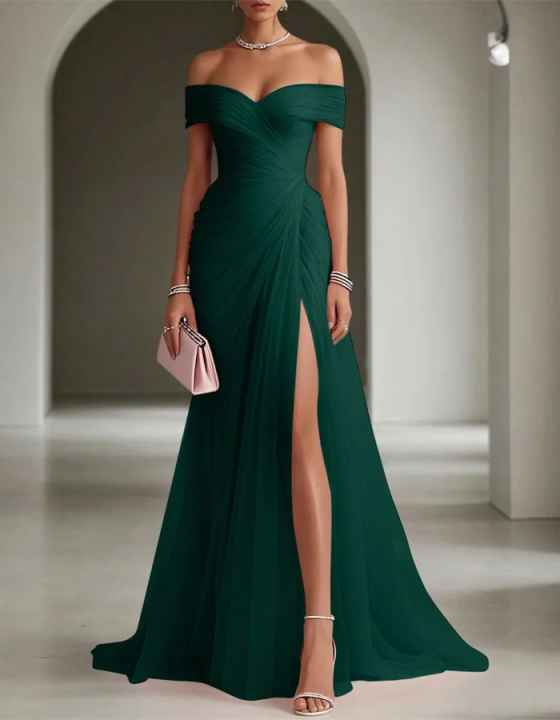 Off Shoulder Pleated Tulle High Slit Formal Maxi Dress