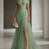 Off Shoulder Pleated Tulle High Slit Formal Maxi Dress