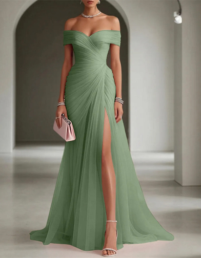 Off Shoulder Pleated Tulle High Slit Formal Maxi Dress