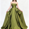 Olive Green Strapless Heavy Satin Voluminous Ball Gown Formal Maxi Dress