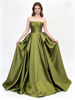 Olive Green Strapless Heavy Satin Voluminous Ball Gown Formal Maxi Dress
