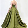 Olive Green Strapless Heavy Satin Voluminous Ball Gown Formal Maxi Dress