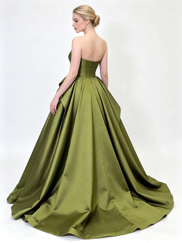 Olive Green Strapless Heavy Satin Voluminous Ball Gown Formal Maxi Dress