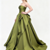 Olive Green Strapless Heavy Satin Voluminous Ball Gown Formal Maxi Dress