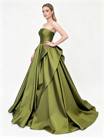 Olive Green Strapless Heavy Satin Voluminous Ball Gown Formal Maxi Dress
