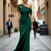 Dark Emerald One Shoulder Lace Ruched Mermaid Formal Maxi Dress