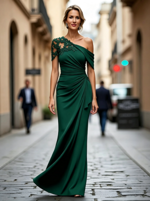 Dark Emerald One Shoulder Lace Ruched Mermaid Formal Maxi Dress