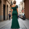 Dark Emerald One Shoulder Lace Ruched Mermaid Formal Maxi Dress