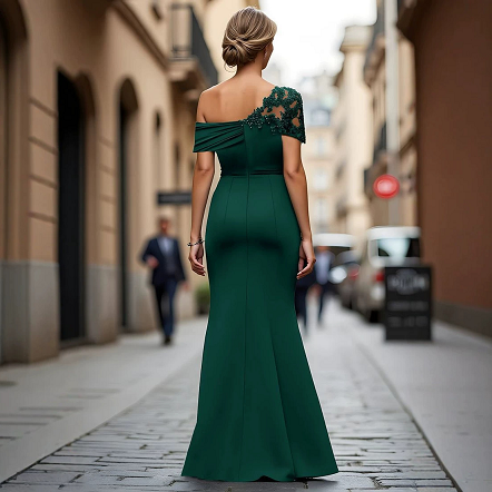 Dark Emerald One Shoulder Lace Ruched Mermaid Formal Maxi Dress