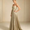Champagne Strapless Metallic Pleated Formal Gown