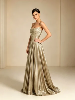 Champagne Strapless Metallic Pleated Formal Gown