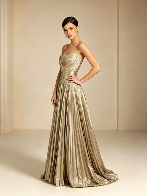 Champagne Strapless Metallic Pleated Formal Gown