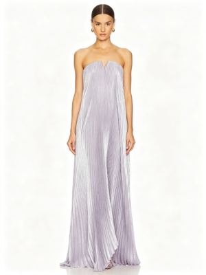 Lavender Metallic Strapless V Notch Pleated Loose Formal Evening Maxi Dress