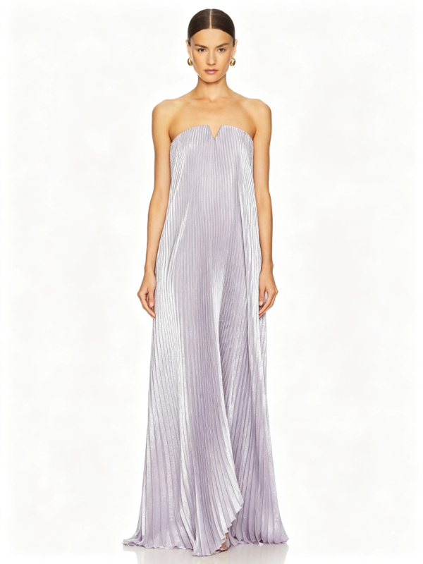 Lavender Metallic Strapless V Notch Pleated Loose Formal Evening Maxi Dress