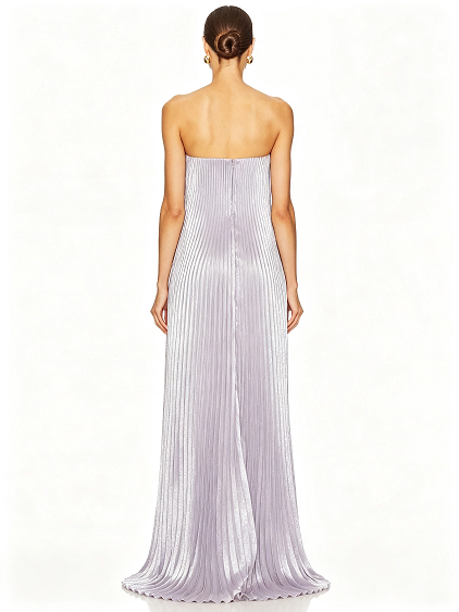 Lavender Metallic Strapless V Notch Pleated Loose Formal Evening Maxi Dress
