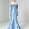 Light Blue Off Shoulder Beaded Sleeve Satin Mermaid Formal Evening Maxi Dress