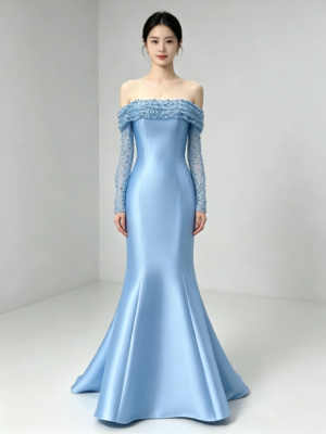 Light Blue Off Shoulder Beaded Sleeve Satin Mermaid Formal Evening Maxi Dress